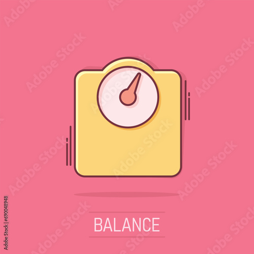 Vector cartoon bathroom scale weigher icon in comic style. Weigher sign illustration pictogram. Balance business splash effect concept.