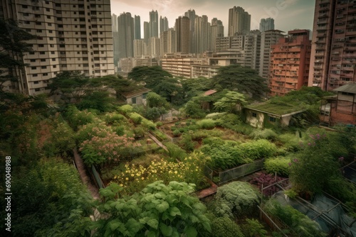 Garden city park. Abandoned neighborhood covered with plants houses. Generate AI