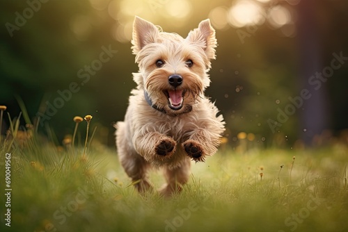 Happy and energetic dog enjoying outdoors. Cute and playful puppy purebred terrier runs and jumps in green meadow expressing pure happiness and excitement photo