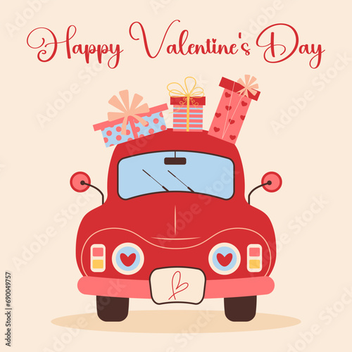 Red car with present boxes on top. Happy Valentines day card. Love retro car. Cartoon flat vector illustration.