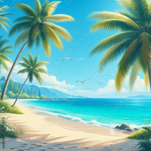 beach with palm tree. tree on the beach. beach with palm trees. beautiful beach scene. 