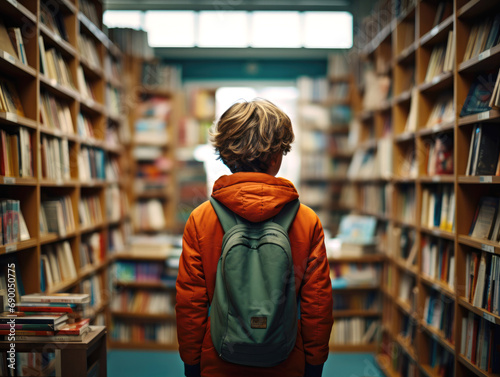 boy is standing in front of book shelves of a library