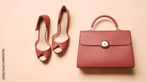 Handbag with heeled shoes and jewelry.