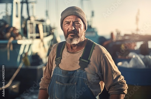 Old fisherman portrait on seaport boat. Angling sea professional fisher in coastal harbor. Generate ai photo