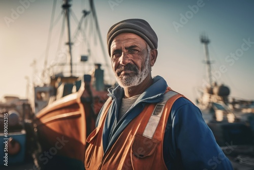 Old fisherman in uniform posing on fishing boat background. Aged angling professional worker in maritime seaport. Generate ai photo