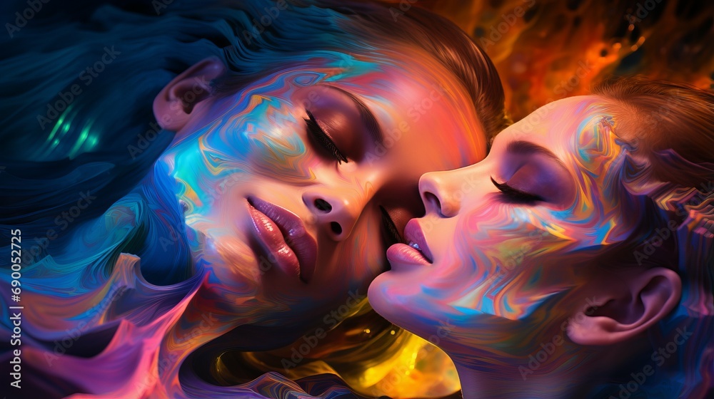 Loving lesbian couple kissing embraces passionately enveloped in vibrant multicolored viscous liquid represents their individuality, example of LGBT love is vivid expression of passion and sensuality