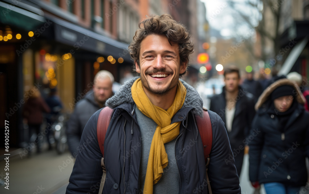 smiling man walking down the street smiling man walking down the street