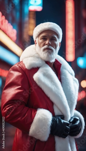 Santa in a cyberpunk futuristic city with neon lights. Christmas background illustration.