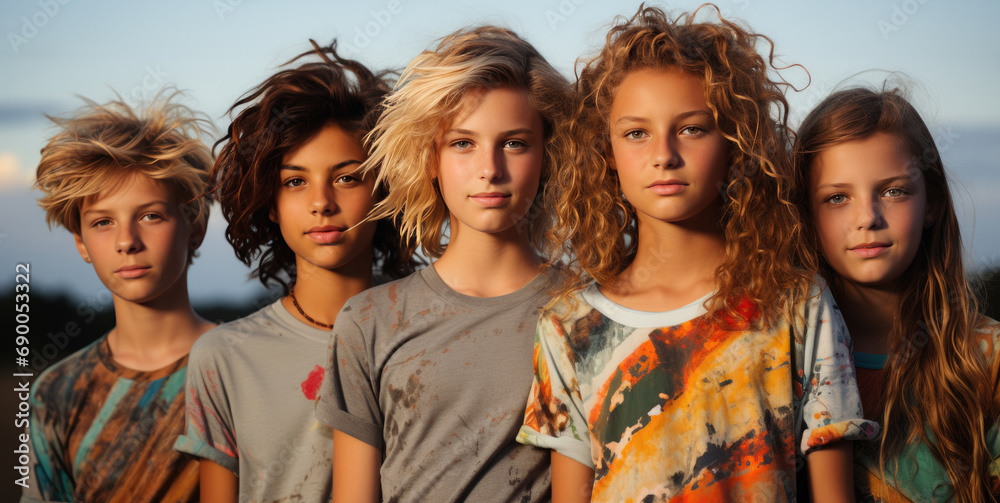 a group of young smiling kids standing next to each other in their fashion t-shirts a group of young smiling kids standing next to each other in their fashion t-shirts