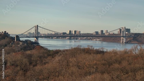 Aerial shot of The George Washington Bridge on an autumn morning. Shot in Inwood, looking south at Midtown Manhattan and New Jersey. photo