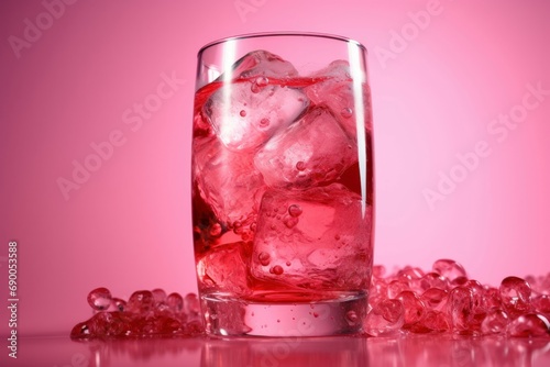Pink refreshing beverage with ice cubes. Refreshment icy mocktail glass on pink background. Generate ai