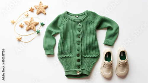 Knitted jumper with green romper wooden toys © Tariq