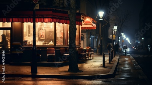 Night restaurant. Paris life in the 60s. People, streets, noir, classic. Night lights in Paris. 
 photo