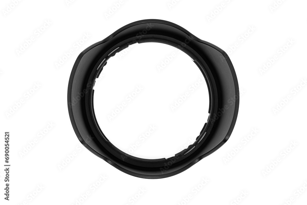 Lens hood, isolated on white background with copy space. Top view or flat lay, close-up. Lens hood, isolated on white background with copy space. Top view or flat lay, close-up.