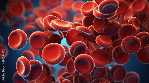 Red blood cells circulating in the blood vessels - leukocytes. Superior magnified views of human blood cells under microscope examination photo