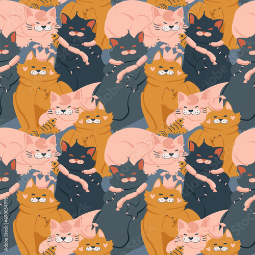 Seamless pattern of cute colorful cat cartoon. Happy meow. Animals character design. Image for cards, posters, and baby clothing. Kawaii. Vector Illustration.