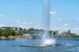 Water fountain on the Mondego River in Coimbra, Portugal. Nature background and wallpaper.