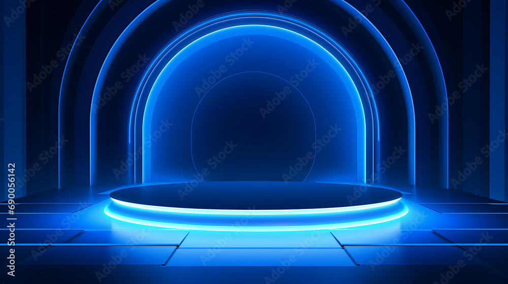 Blue stand product podium 3D background with tunnel glowing neon lighting lines scene. Futuristic minimal wall scene mockup product stage showcase, Promotion display. Generative Ai - obrazy, fototapety, plakaty 