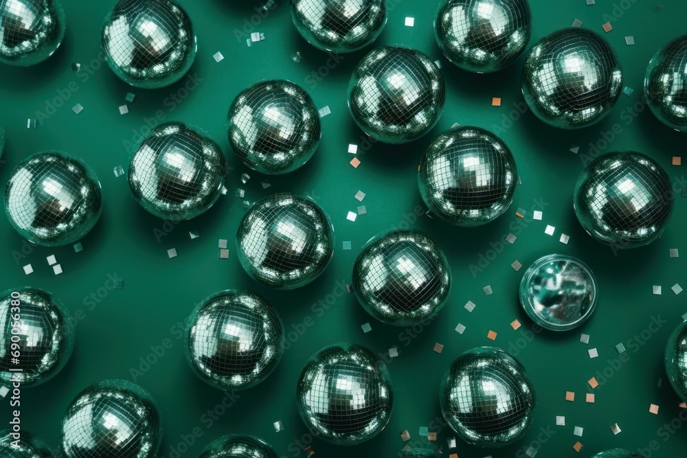 Silver disco balls on greenery background. Party glitter decoration sparkle orbs. Generate ai