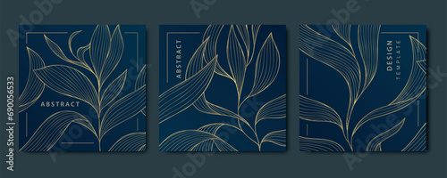 Vector set of art deco abstract luxury golden square cards, post templates for social net, leaves botanical modern, art deco wallpaper backgrounds. Floral line patterns