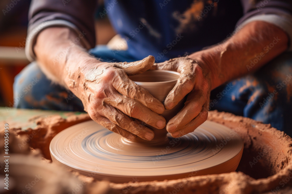 Potter's hands covered in clay, skillfully shaping a clay bowl on a pottery wheel.