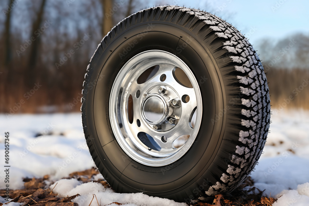 a car wheel on the background of a winter road and a beautiful landscape, a snow-covered forest, a concept of traffic safety on a slippery road