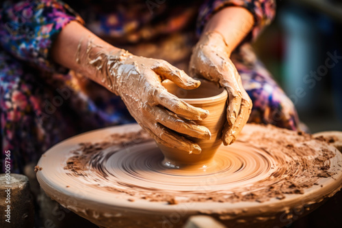 Female potter's hands covered in clay, skillfully shaping a clay bowl on a pottery wheel
