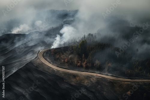 Smoke land road. Big burned area turning gray pile ash and darkness. Generate AI