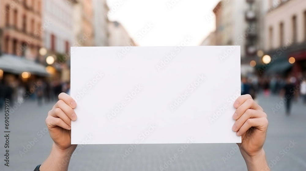 Clear paper sheet in hands on street Clear paper sheet in hands on street