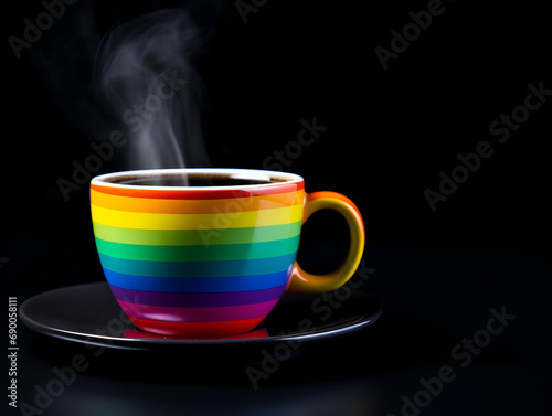 Rainbow cup of coffee with a cheerful rainbow flag on black background with copy space. LGBT concept