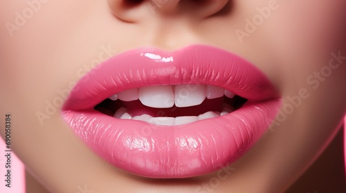 Closeup image of lips with pink lipstick. Sexy pink lips. Closeup photo of lips.