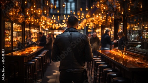 Lonely man standing in a bar. Man standing in a empty bar. Lonely man in a jacket.