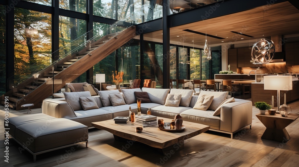 Interior design of a luxurious house. Modern home in the forest. Modern interior with a big couch. Interior design of a luxurious house. Modern home in the forest. Modern interior with a big couch.