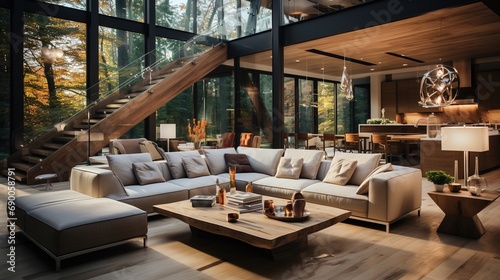 Interior design of a luxurious house. Modern home in the forest. Modern interior with a big couch.