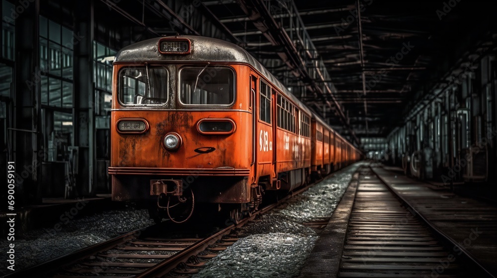 Old orange train with graffiti. Orange train on a railway. Graffiti on a train. Wallpaper design.