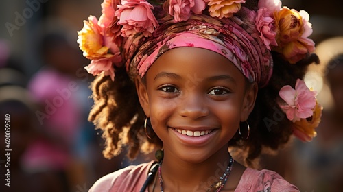 African girl in a dress smiling into camera. Happy African girl. Portrait of young black girl.