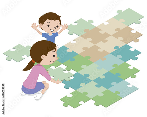 siblings doing puzzles