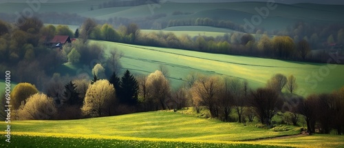 Tuscan countryside. Green spring hills with a farmhouse. Italian farmland in the spring. Landscape.