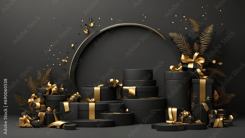 Background template products minimal podium scene with black gifts with gold ribbons on black color for celebration: birthday, sales, discounts, black Friday without text. Background template products minimal podium scene with black gifts with gold ribbons on black color for celebration: birthday, sales, discounts, black Friday without text.