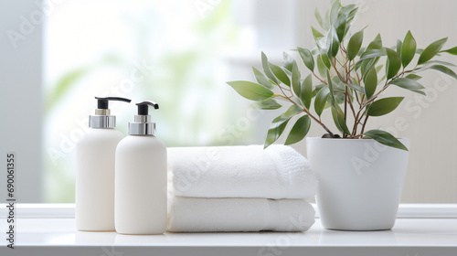 Soap and shampoo bottles and cotton towels