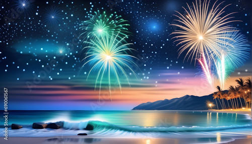 The Beachfront Fireworks Spectacle  Endless Waves and the Beautiful Confluence of Lights. Generative AI 