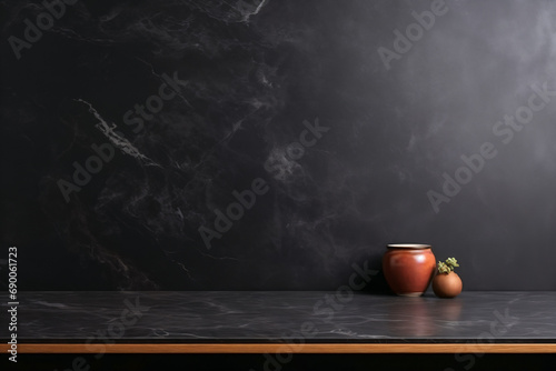 Stylish clay pot on black marble table against dark background. Space for text photo