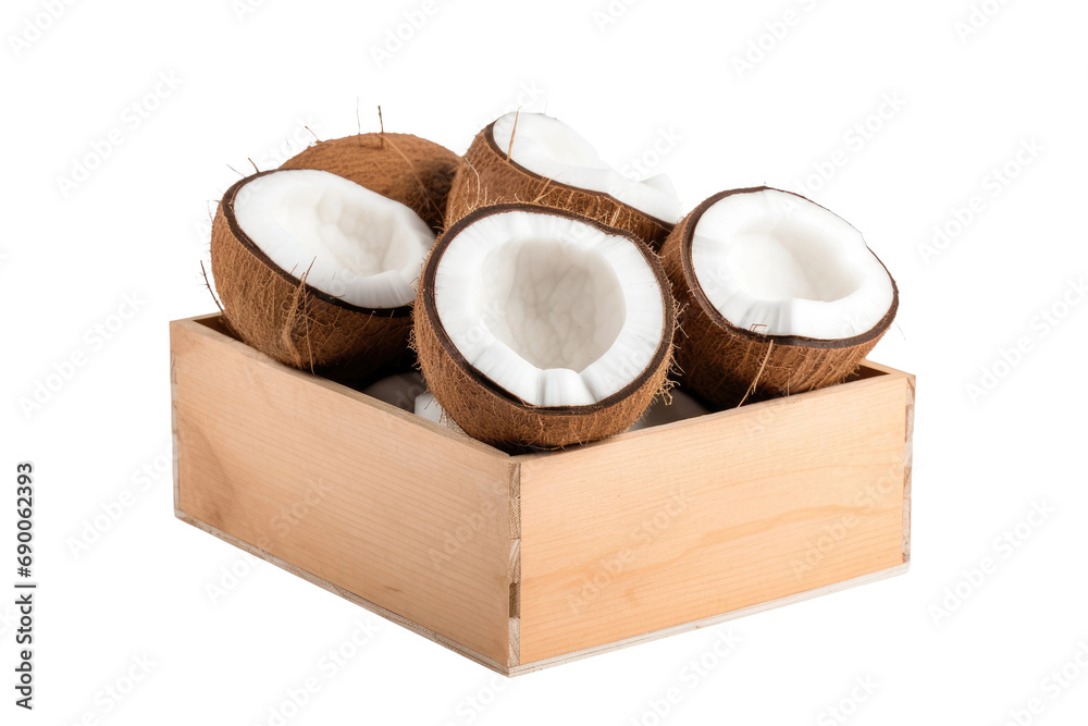 Coco Bliss: Fresh Coconuts Displayed in a Wooden Box isolated on transparent background