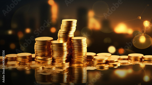 Stacked piles of shiny gold coins