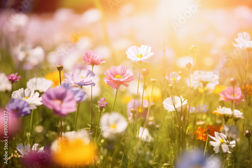 Colorful cosmos flower blooming in the garden with sunlight background.