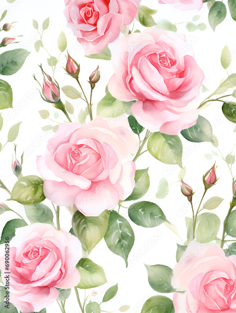 Watercolor pink roses on white background 