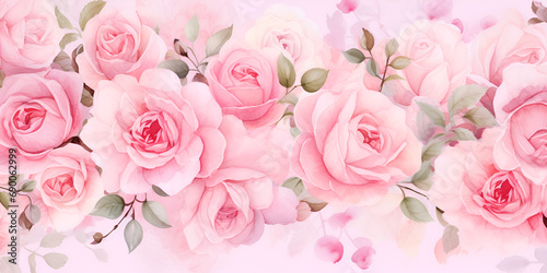 Watercolor background with pink roses flowers