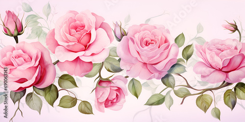 Watercolor background with pink roses flowers