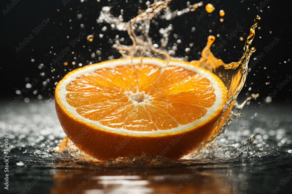 Flying orange slice with water splash, Water splashing on Sliced of orange Flying orange slice with water splash, Water splashing on Sliced of orange