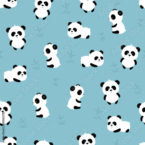 Fototapeta Naklejka Na Ścianę i Meble -  Seamless pattern of cute cartoon panda on blue Background and twig bamboo